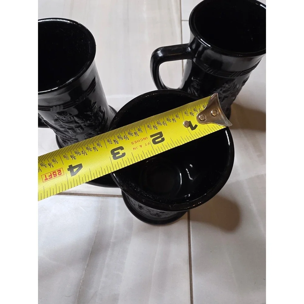 Vintage Black Amethyst Glass Beer‎ Stein Tavern Scene Embossed Mug Set of 3 A5